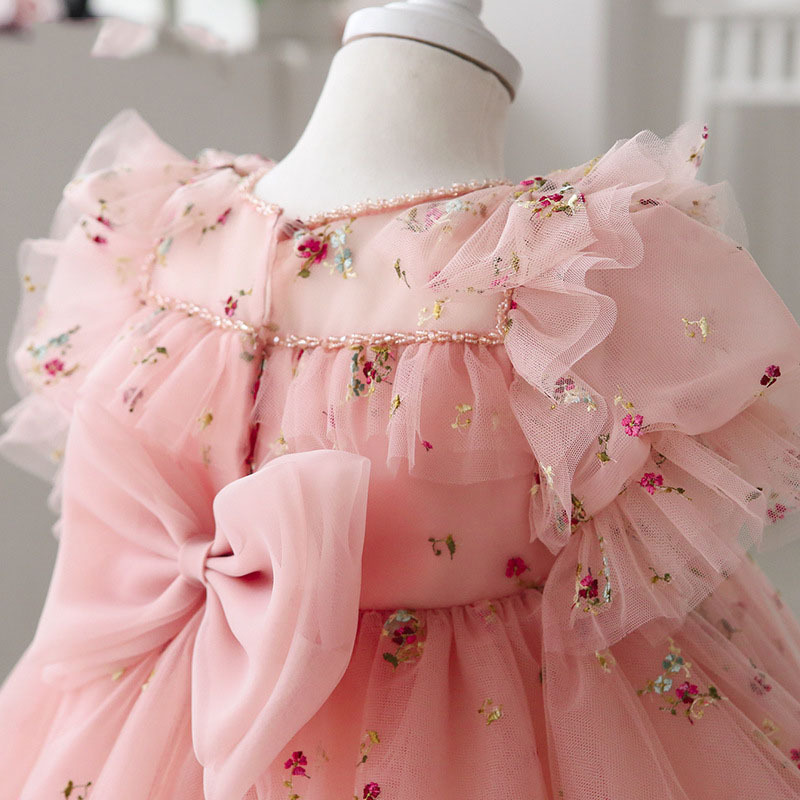 Embroidery Mesh Floral-embroidered Gathered Short Sleeve Short Dresses - image 4