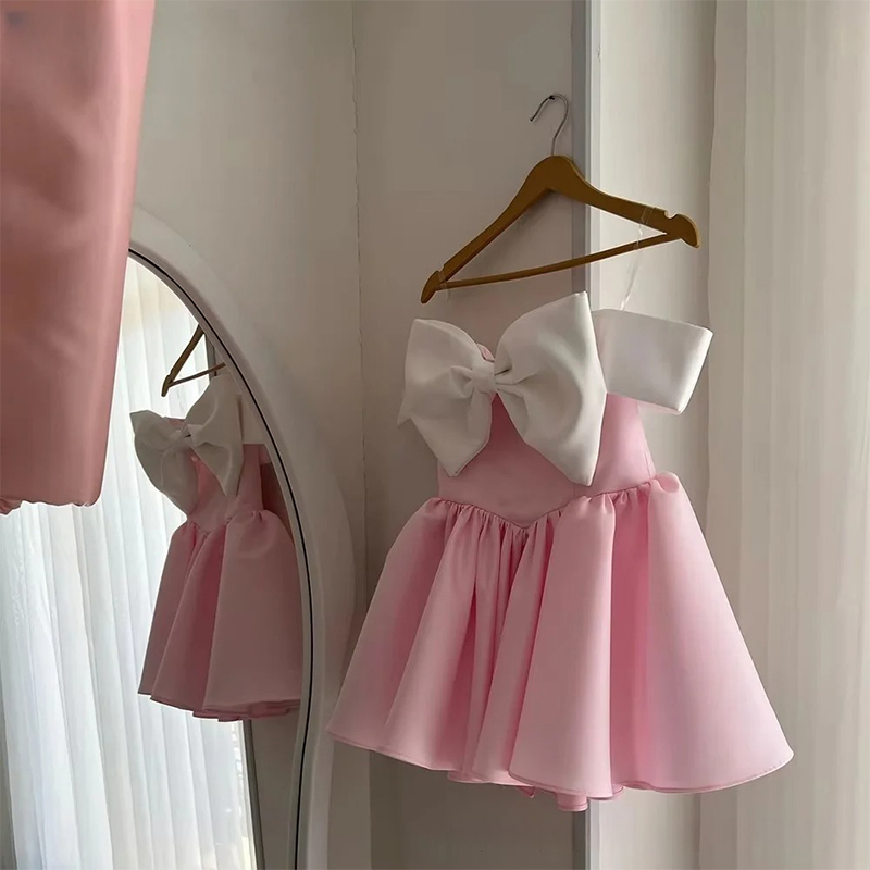 Satin Bow Short Sleeve Midi Dresses - image 1