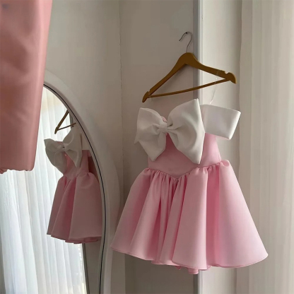 Satin Bow Short Sleeve Midi Dresses - image 1