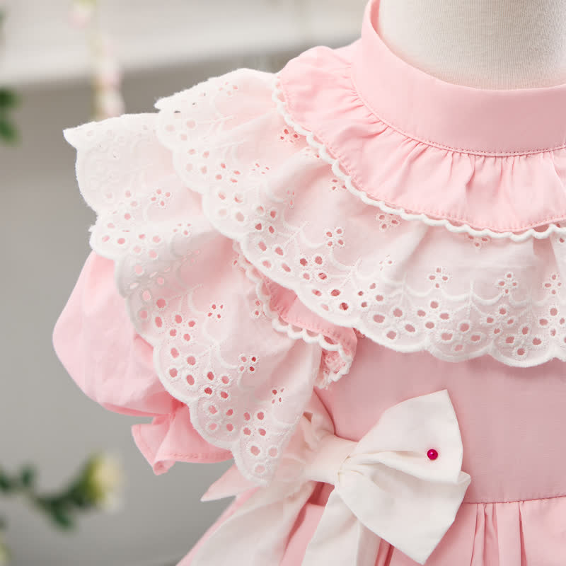 100% Cotton Bow Stitching Lace Short Sleeve Short Dresses - image 9
