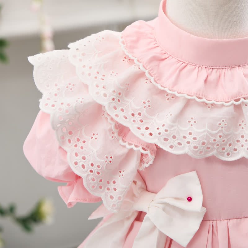 100% Cotton Bow Stitching Lace Short Sleeve Short Dresses - image 9
