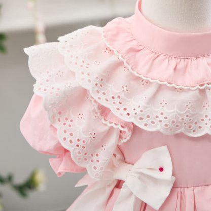 100% Cotton Bow Stitching Lace Short Sleeve Short Dresses - image 9