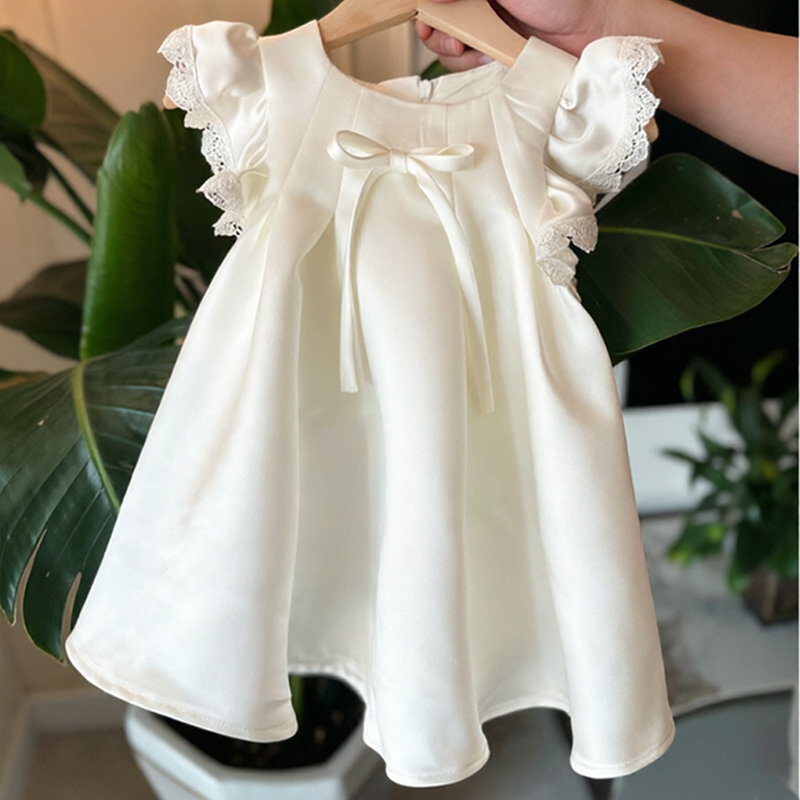 Satin Bow Lace Edge Cap Sleeve Short Dresses - image 4