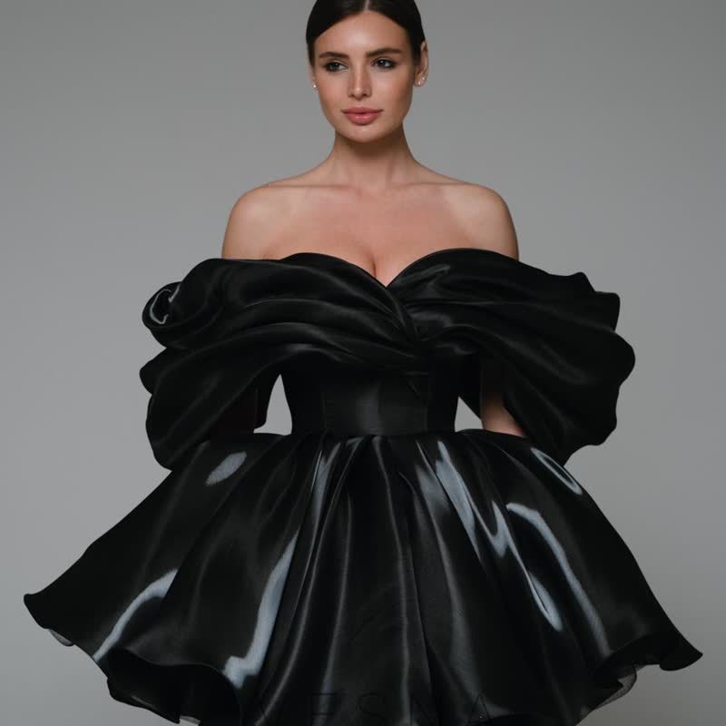 Satin Gathered Sleeveless Short Dresses - Black - US26W - image 8
