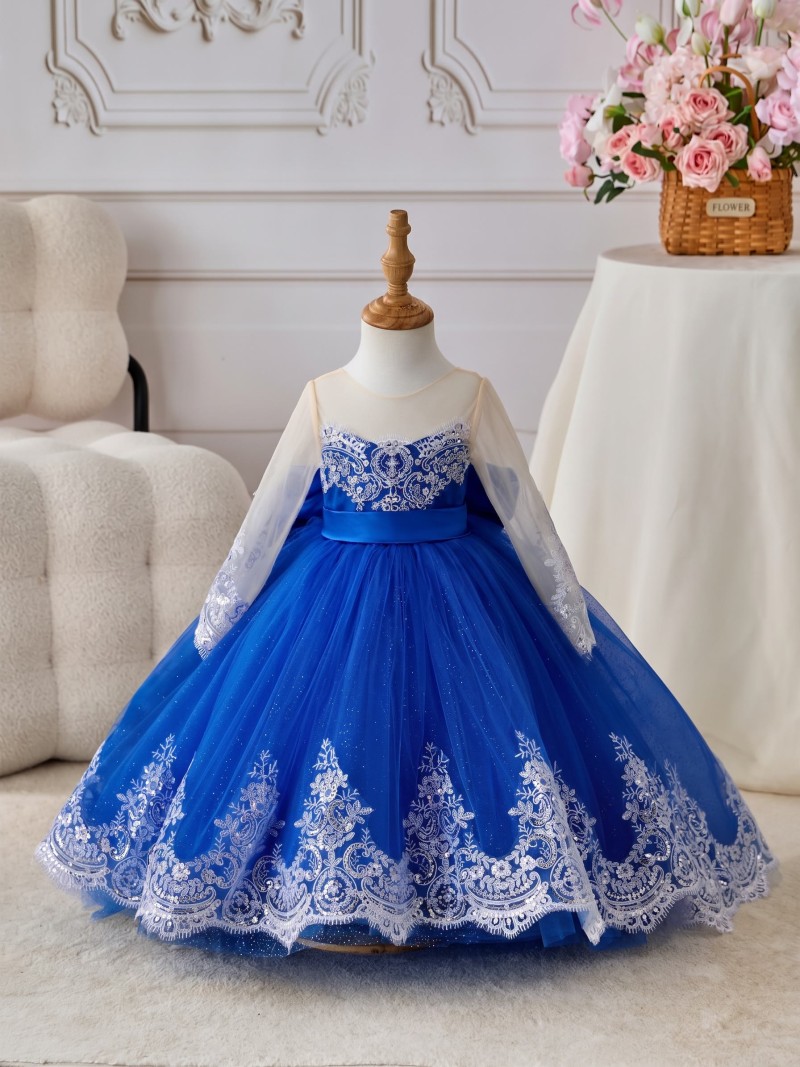 Satin Bow Long Sleeve Maxi Dresses - Royal Blue - 150cm - image 22