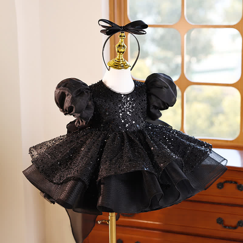 Glitter Bow  Sequins Short Sleeve Short Dresses Without Headband - image 3