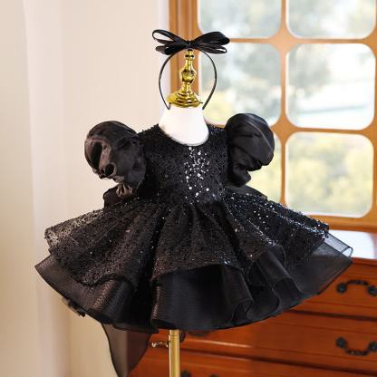 Glitter Bow  Sequins Short Sleeve Short Dresses Without Headband - image 3
