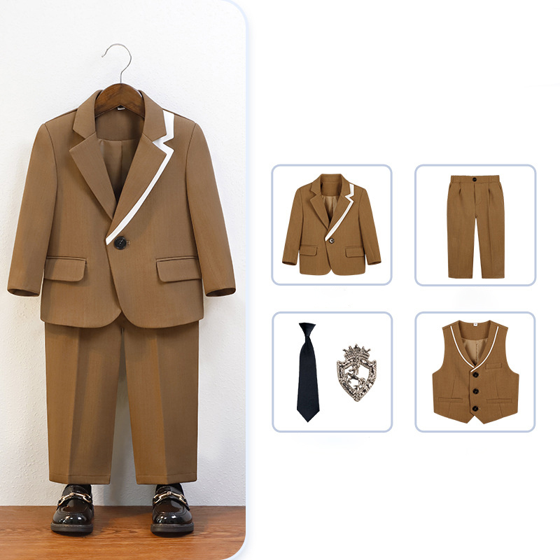 Chemical Fiber Blend Tie Regular Sleeve Regular Formal Suit - Brown - Vest 5-piece Set - 170cm - image 18