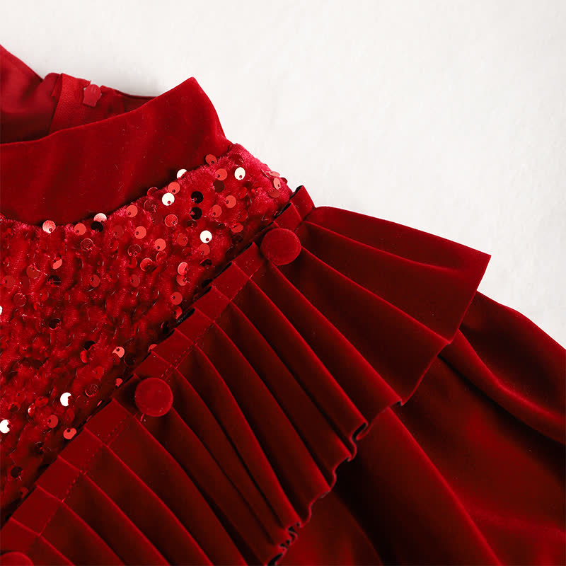 Velvet Sequins Flouncing Half Sleeve Mid-long Dresses - image 15