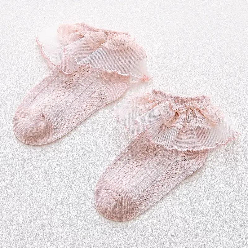 Solid Stitching Lace Socks - Light Pink - 8-12Y - image 10