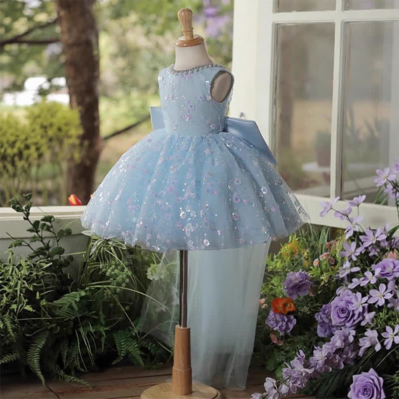 Mesh Glitter Bow Sequins Imitation Pearls Sleeveless Mid-long Dresses - image 4