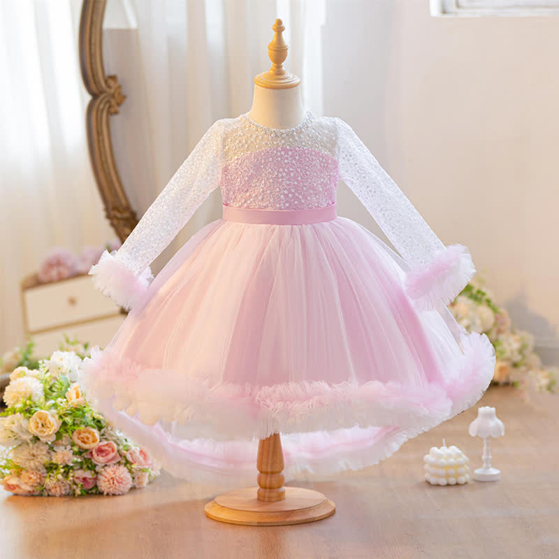 Embroidery Mesh Piping Long Sleeve Midi Dresses - Pink - 11-12Y - image 7