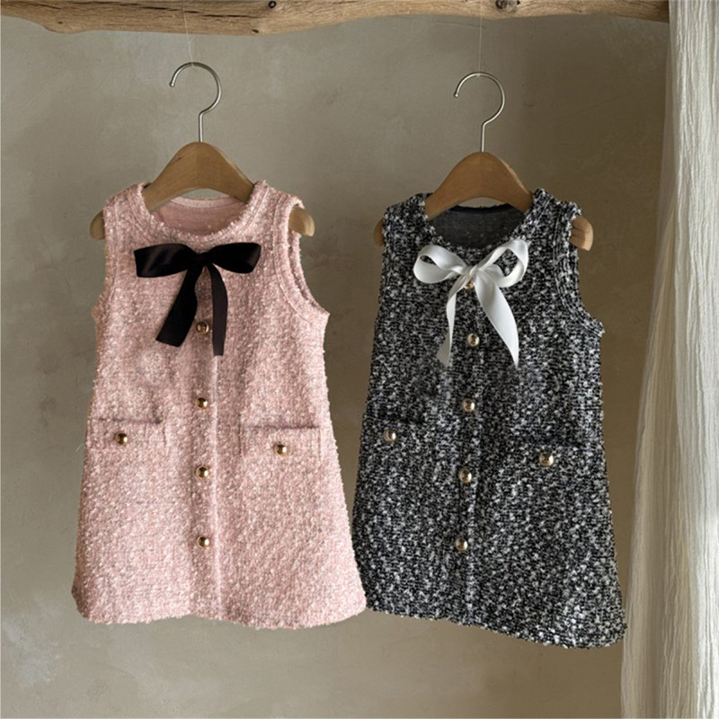 Tweed Buckle Bow Sleeveless Regular Dresses - image 1