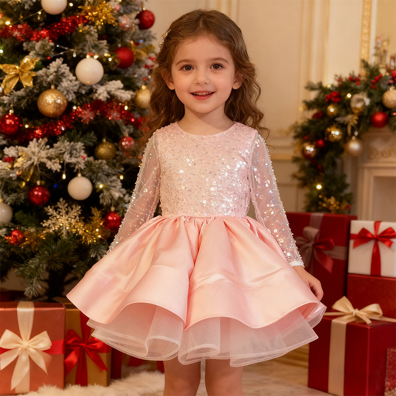 Satin Folds Sequins Long Sleeve Midi Dresses - image 7