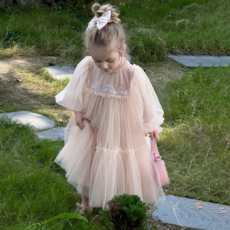 [Archive Sale] Mesh Folds Lace Long Sleeve Mid-long Dresses - image 9