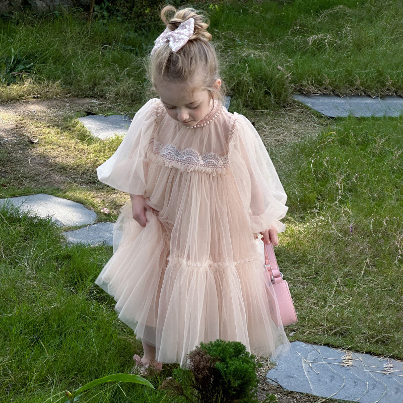 [Archive Sale] Mesh Folds Lace Long Sleeve Mid-long Dresses - image 9