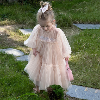 [Archive Sale] Mesh Folds Lace Long Sleeve Mid-long Dresses - image 9