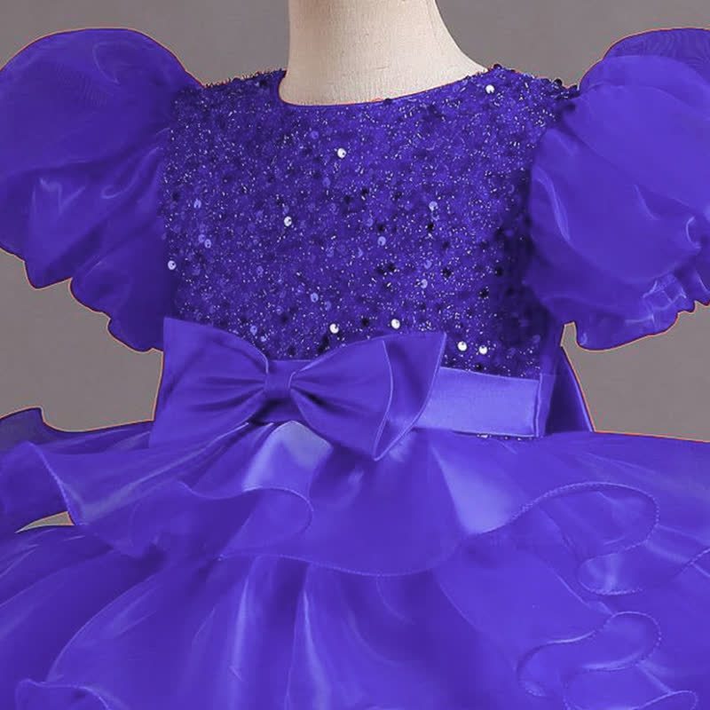 Organza Folds Sequins Bow Short Sleeve Mid-long Dresses - image 20