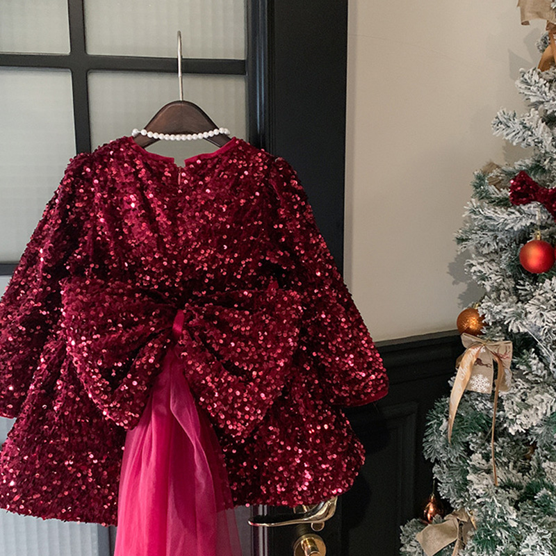 [Archive Sale] Cotton-blend Bow Fleece Sequins Long Sleeve Mid-long Dresses - image 8