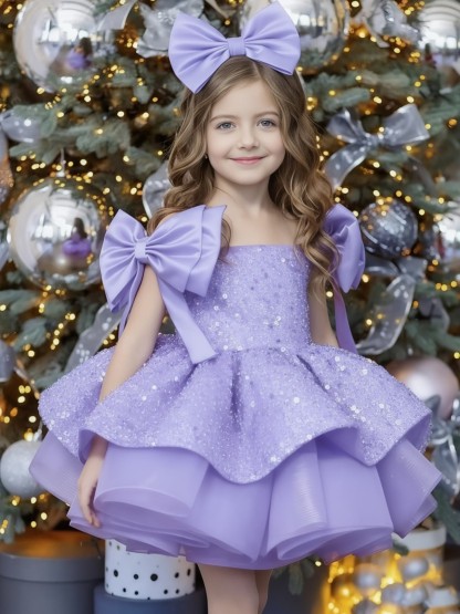 Glitter Bow Sleeveless Midi Dresses - Purple - 12-13Y - image 13