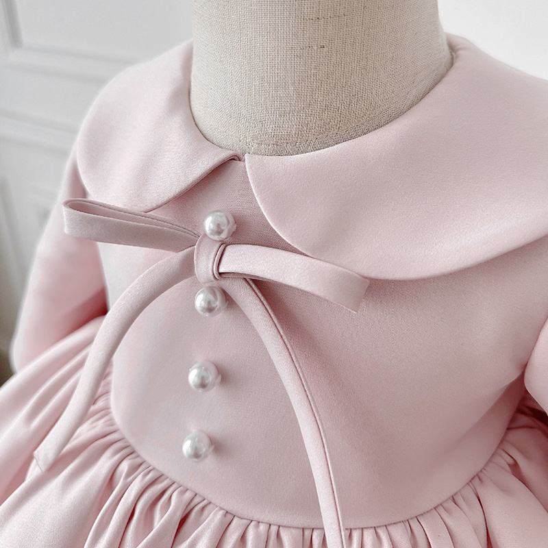 Satin Bow Imitation Pearls Long Sleeve Mid-long Dresses - image 6