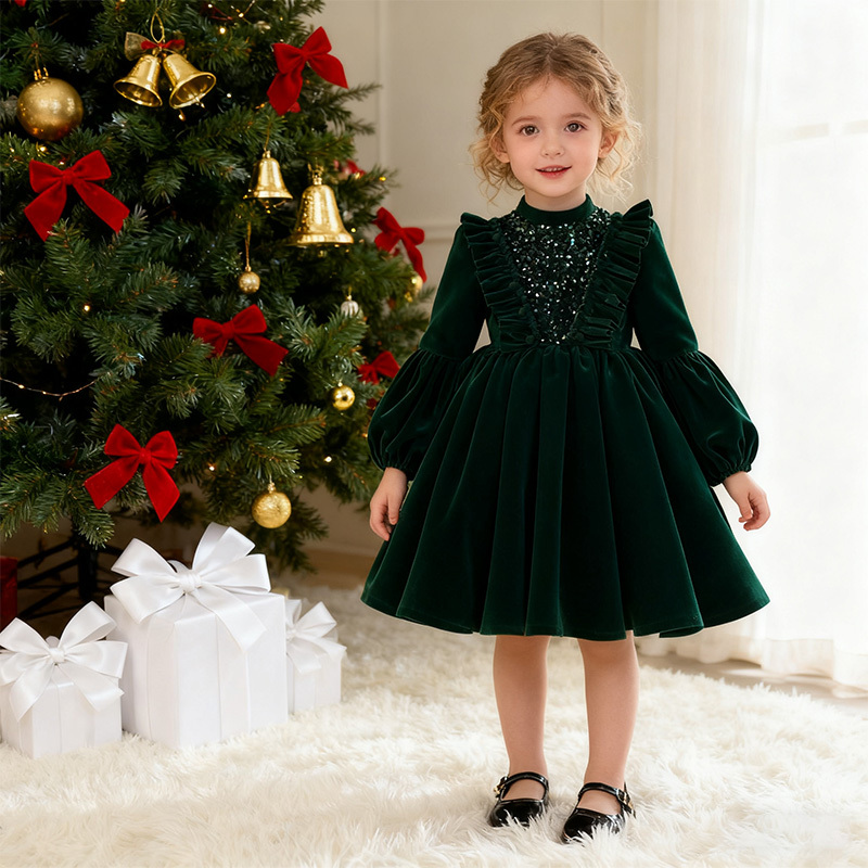 Velvet Sequins Flouncing Half Sleeve Mid-long Dresses - Short Green - 12-13Y - image 21