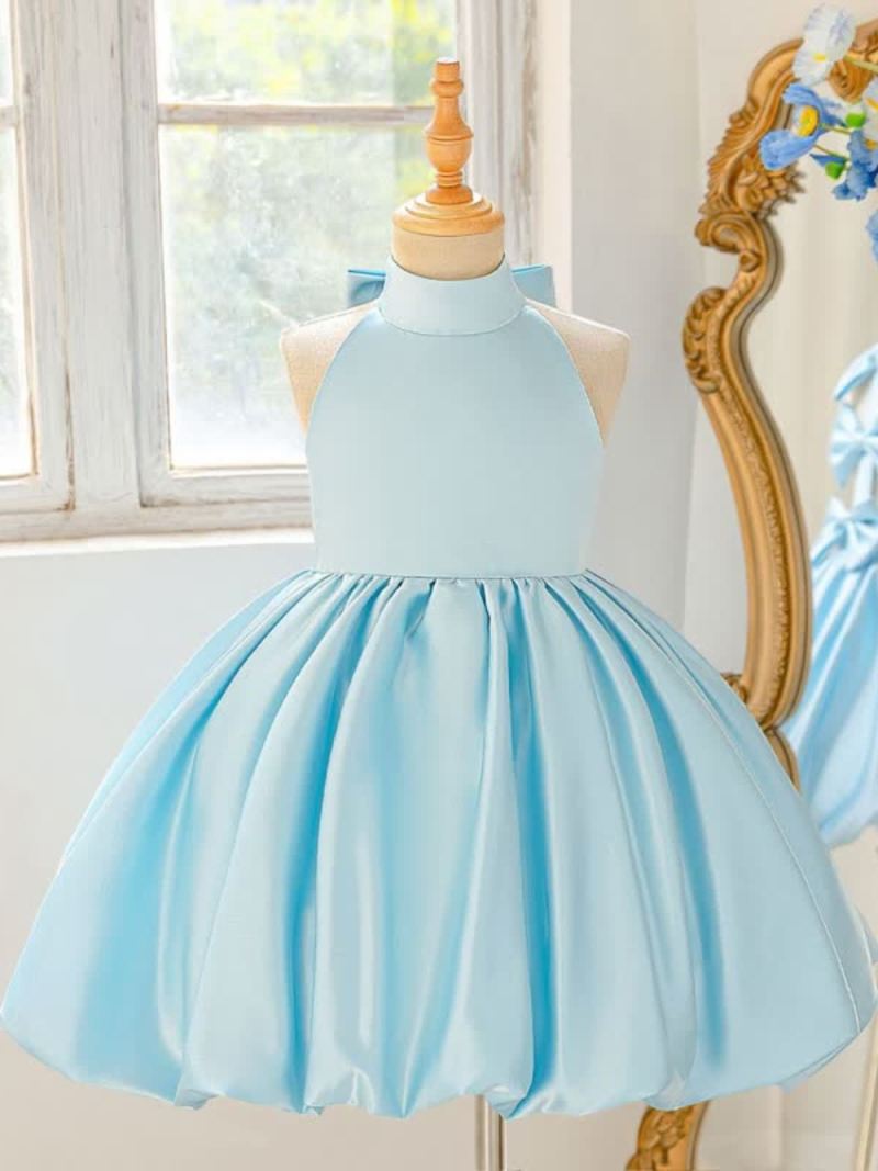 Satin Bow Backless Sleeveless Short Dresses - Sky Blue - 8Y - image 13