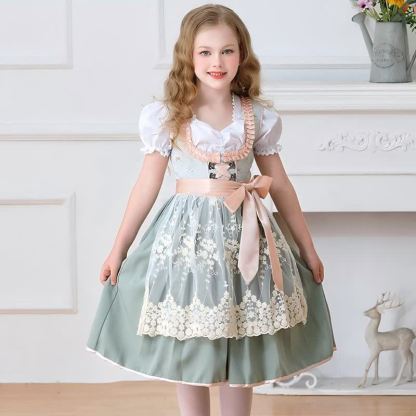 Chemical Fiber Blend Drawcord Short Sleeve Midi Top With Dress & Apron - Sage Green - 11-12Y - image 11