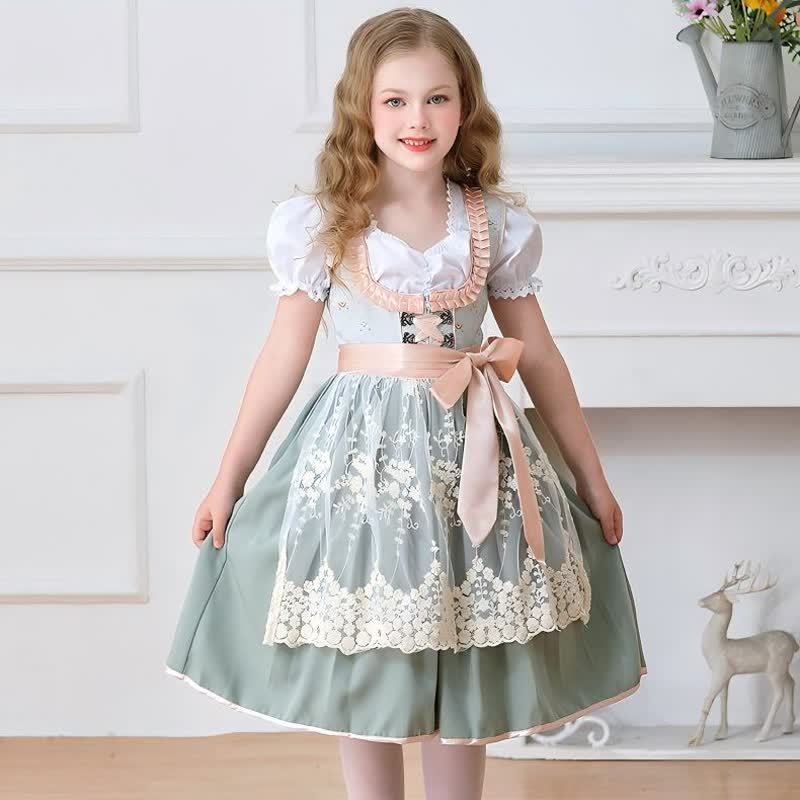 Chemical Fiber Blend Drawcord Short Sleeve Midi Top With Dress & Apron - Sage Green - 11-12Y - image 11