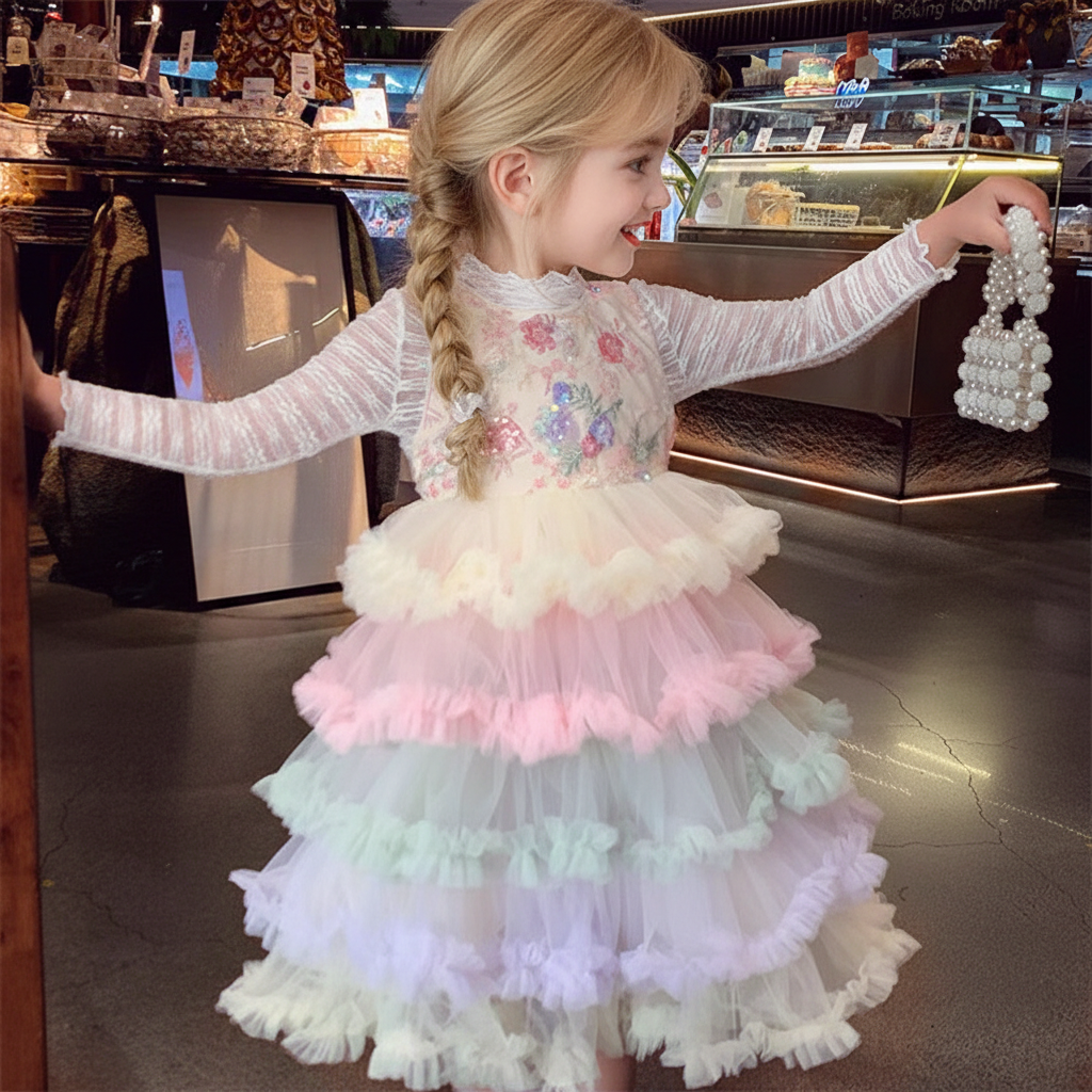 Mesh Floral-embroidered Folds Sleeveless Mid-long Dresses - image 5