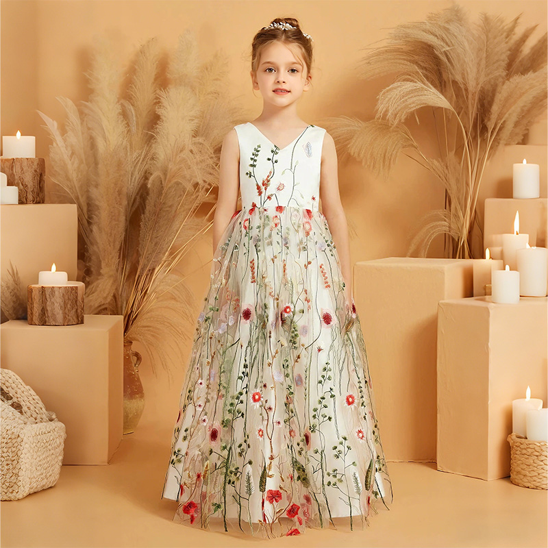 Mesh Floral-embroidered Sleeveless Long Dresses - image 1