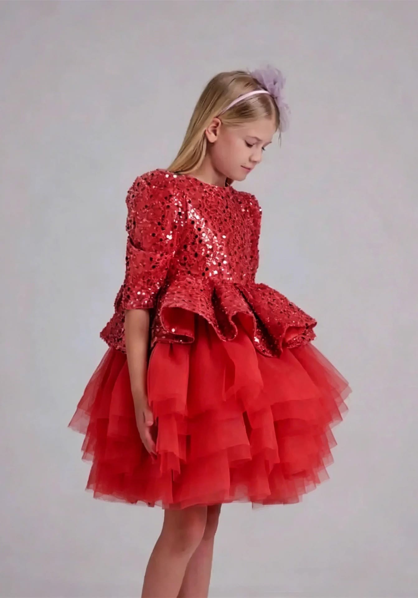Mesh Sequins Half Sleeve Midi Dresses - Red - 13-14Y - image 9