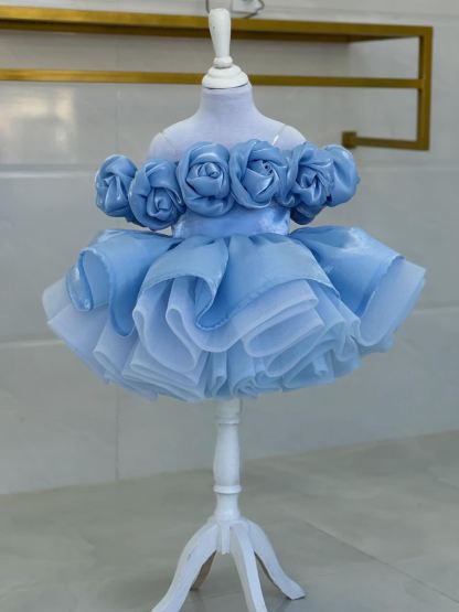 Organza Rosette Sleeveless Short Dresses - Blue  - 160cm - image 4