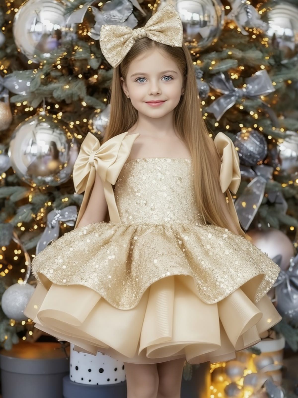 Glitter Bow Sleeveless Midi Dresses - Champagne - 12-13Y - image 12