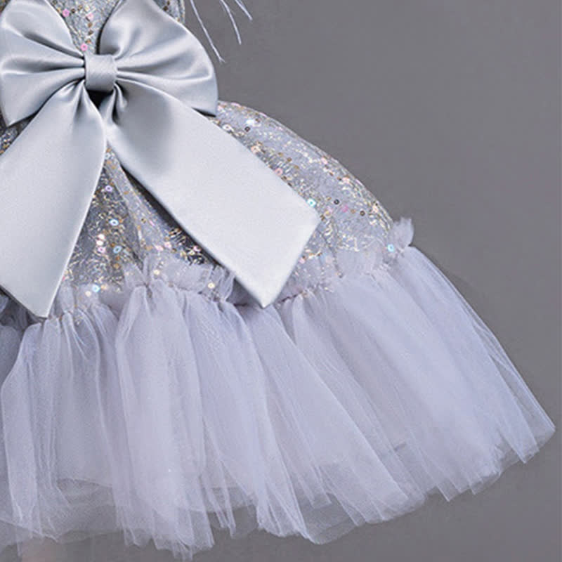 Mesh Feather-trimmed Bow Cap Sleeve Mid-long Dresses - image 6