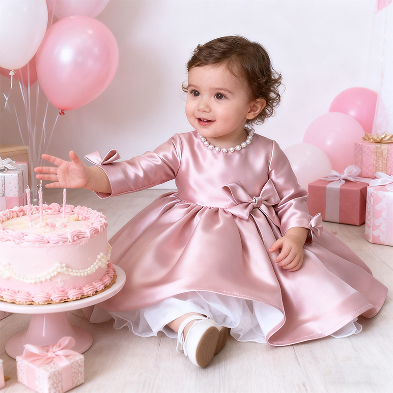 [Archive Sale] Satin Bow Imitation Pearls Long Sleeve Mid-long Dresses - image 4