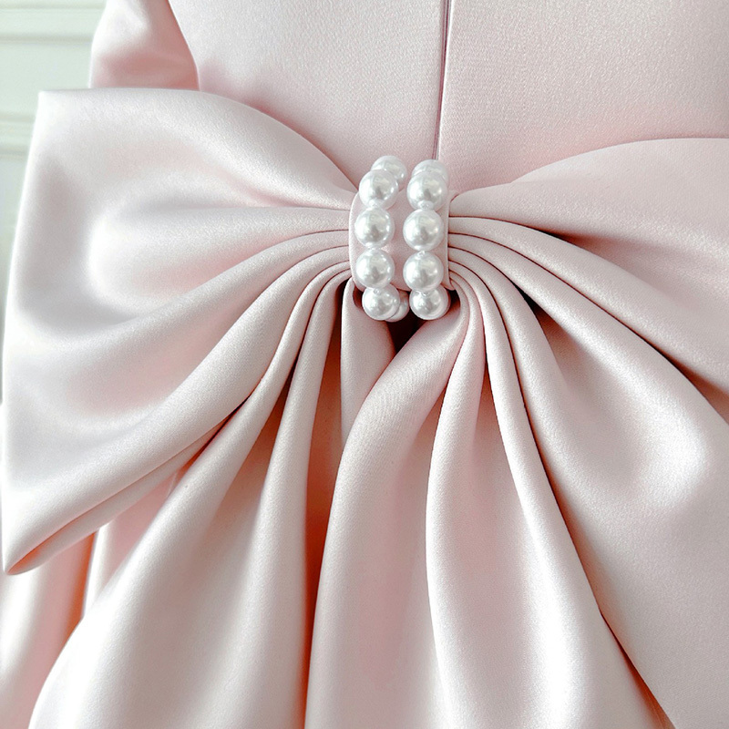 Satin Bow Imitation Pearls Long Sleeve Mid-long Dresses - image 7
