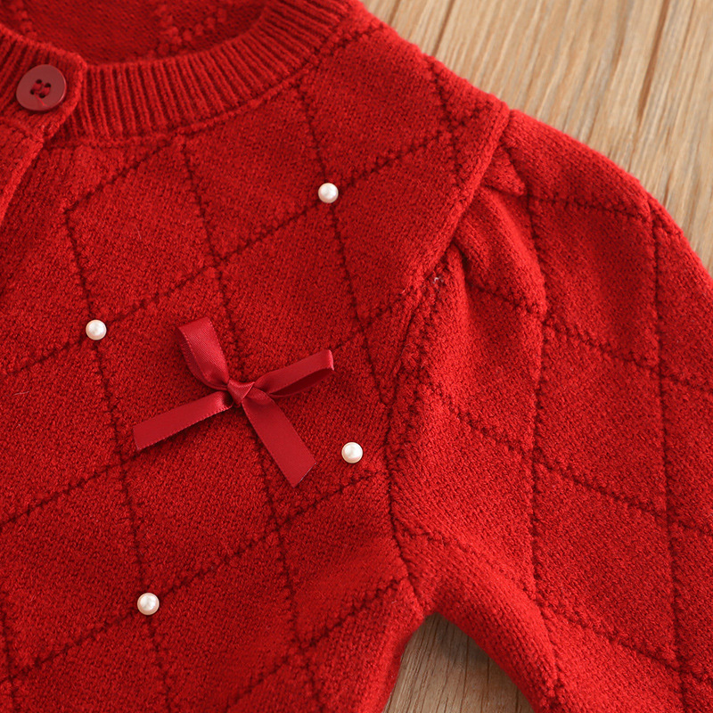 Yarn/wool Yarn Bow Imitation Pearls Long Sleeve Regular Two-piece Set - image 20