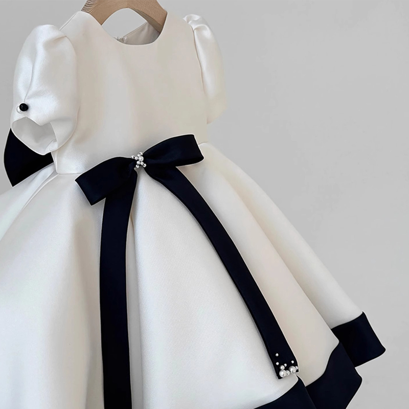 Satin Bow Imitation Pearls Short Sleeve Short Dresses - image 4