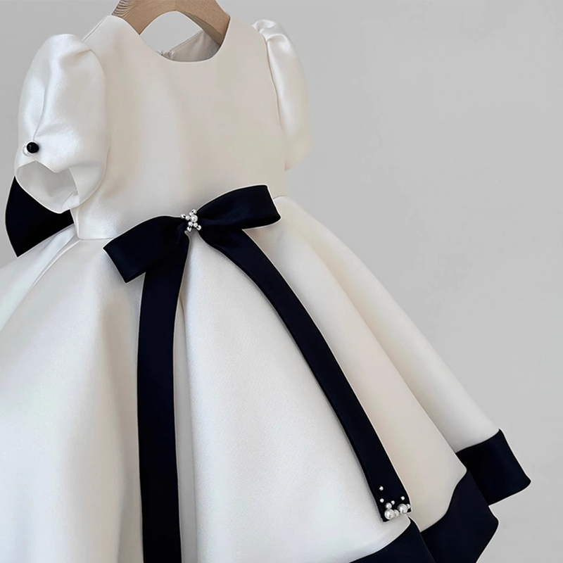 Satin Bow Imitation Pearls Short Sleeve Short Dresses - image 4