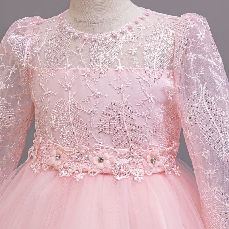 Embroidery Mesh Rosette Crystal Long Sleeve Maxi Dresses - image 12