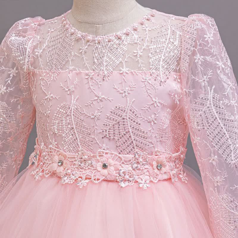 Embroidery Mesh Rosette Crystal Long Sleeve Maxi Dresses - image 12