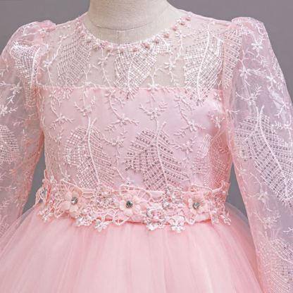 Embroidery Mesh Rosette Crystal Long Sleeve Maxi Dresses - image 12