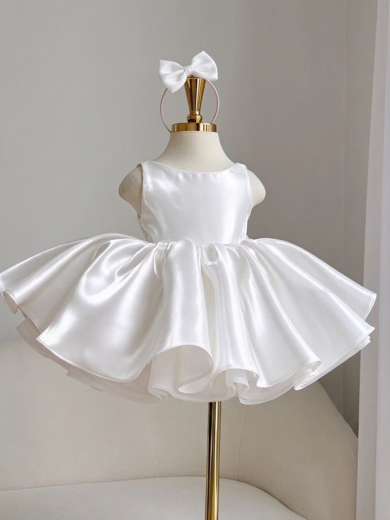 Liquid Satin Backless Bow Sleeveless Short Dresses - White - 4Y - image 3