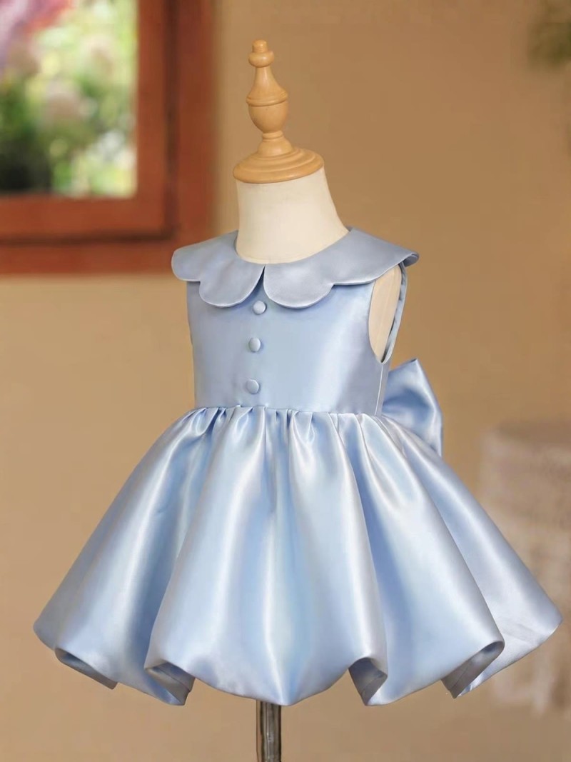 Satin Bow Sleeveless Midi Dresses -  Blue - 150cm - image 6