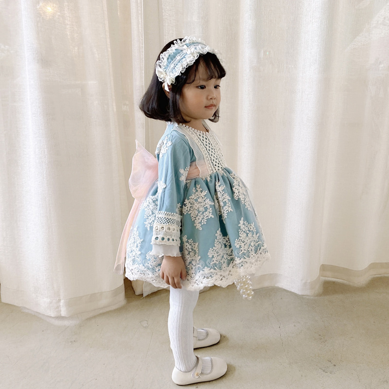 Lace Bow Lace Edge Long Sleeve Midi Dresses With Headband - image 12