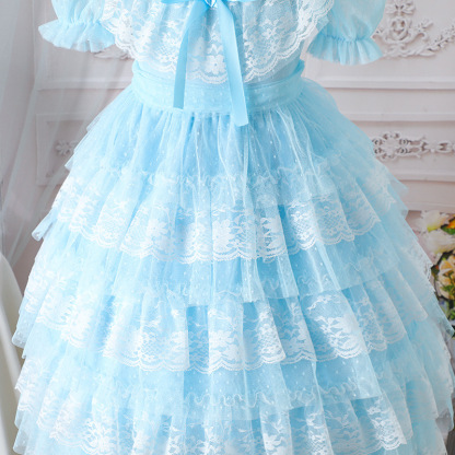 Easter Lace Split Joint Tiered Short Sleeve Maxi Dresses - image 9