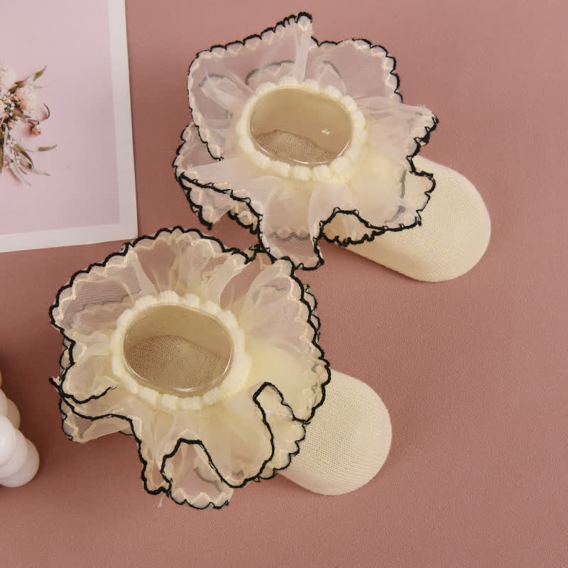 Solid Stitching Lace  Socks - Light Yellow - 8-10Y - image 9