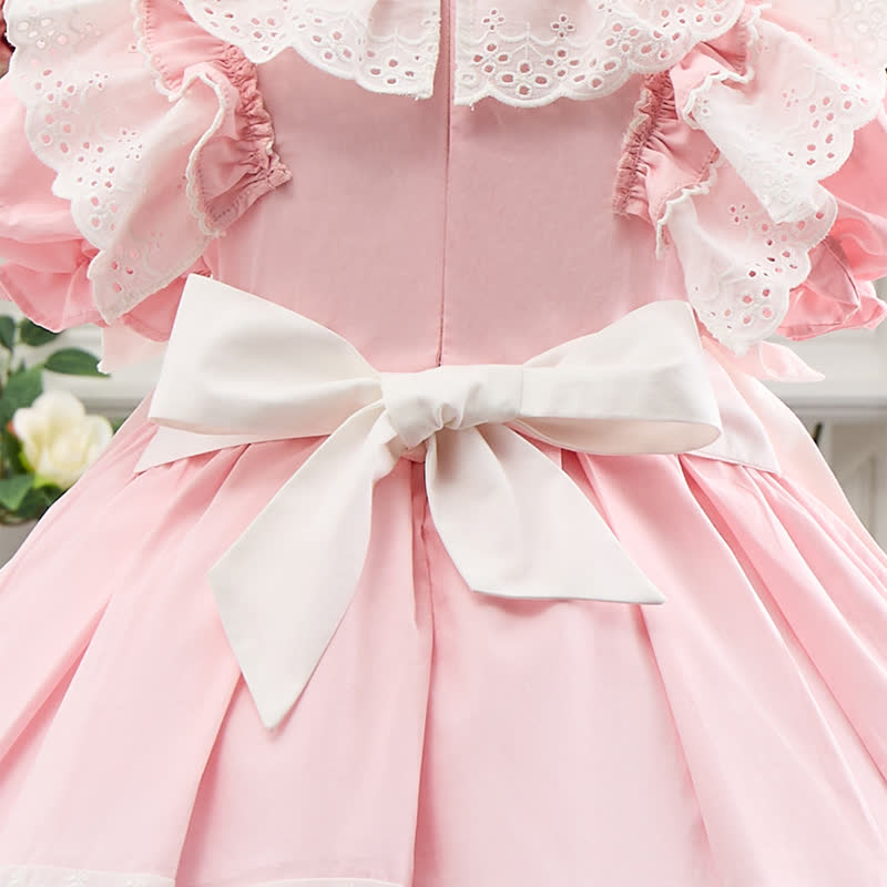100% Cotton Bow Stitching Lace Short Sleeve Short Dresses - image 14