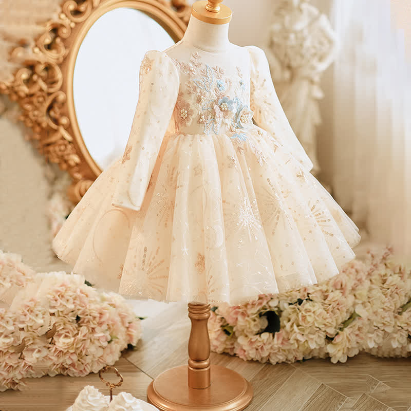 Mesh Rosette Sequins Long Sleeve Mid-long Dresses - image 3